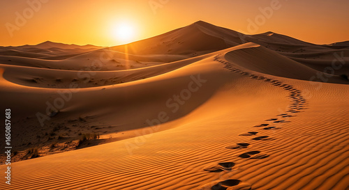 Golden Desert Dunes Under a Radiant Sunrise with Footprints