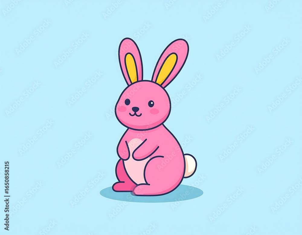 Obraz premium Cute pink bunny cartoon character illustration against a light blue backdrop evoking springtime