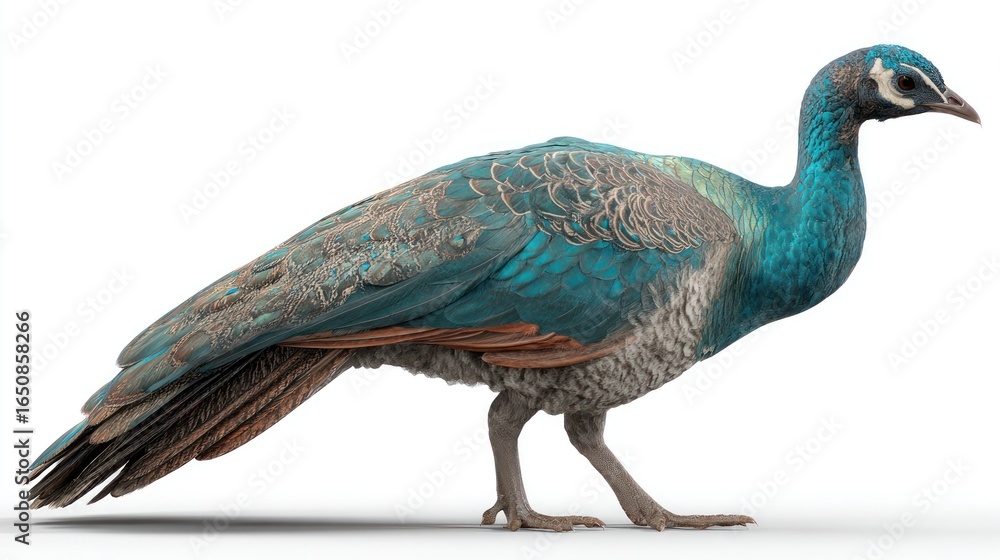 Fototapeta premium A detailed profile view of a peahen against a stark white background, showcasing its iridescent plumage in shades of teal, grey, and brown. Its feathers exhibit intricate patterns