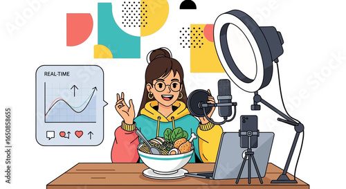 Enthusiastic food blogger streaming live with ramen and equipment, creating engaging content