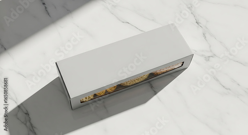 Rectangular box of cookies on a marble surface with shadows