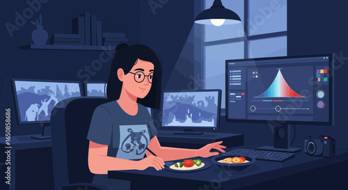Illustrative portrayal of a female digital artist working late with dual monitors