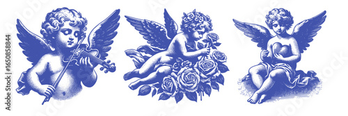 Cherub Cupid Love Angel Vintage Vector Set Valentine’s Day Celebration Engraving Print For Cards, Invitations, Tattoo, Clothing Design
