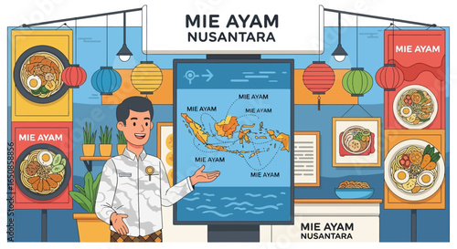 An illustration of a Mie Ayam Nusantara restaurant franchise with a map display