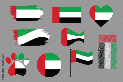 Diverse Collection of the Flag of United Arab Emirates in Various Designs. Diverse UAE Flag Designs.