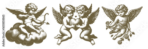 Cherub Cupid Love Angel Vintage Vector Set Valentine’s Day Celebration Engraving Print For Cards, Invitations, Tattoo, Clothing Design