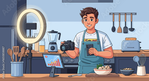 Modern culinary content creator recording a cooking video in his kitchen studio