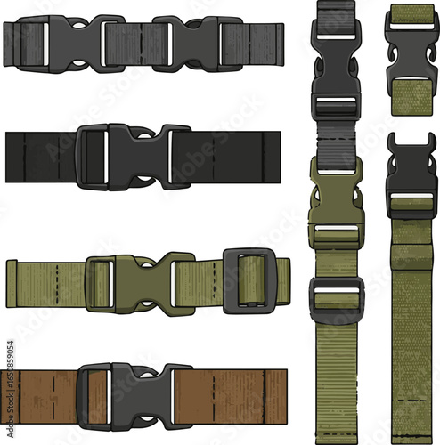 Create a kinds of deferent Plastic buckle vector set. Various quick release buckles, strap. Ideal for straps, backpacks, outdoor gear vector art with white background.