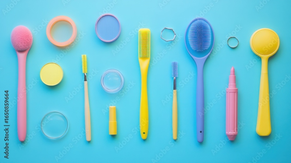 Pastel colored makeup brushes and tools on blue background. Pastel colored makeup brushes and tools on blue background.
