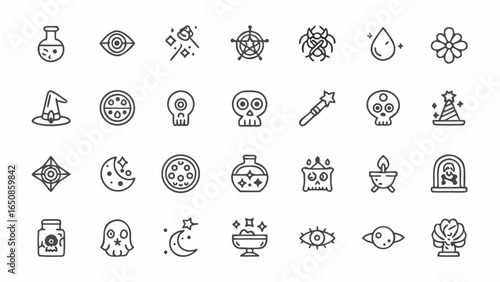 Collection of outlined halloween themed icons including skulls, potions, moons, and other spooky elements silhouette