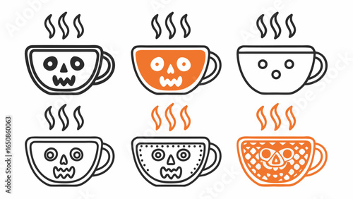 Six halloween themed coffee cups with steam rising, some with skull faces and orange accents displayed silhouette