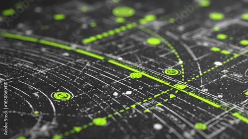 Detailed technical blueprint of architectural plan with neon green highlights and overlay