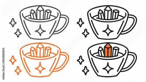 Four cups with crystals and stars in black and orange line art on a white background illustration silhouette