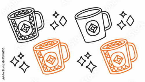 Illustration of four mugs with geometric designs and diamond shapes surrounded by sparkling stars art silhouette