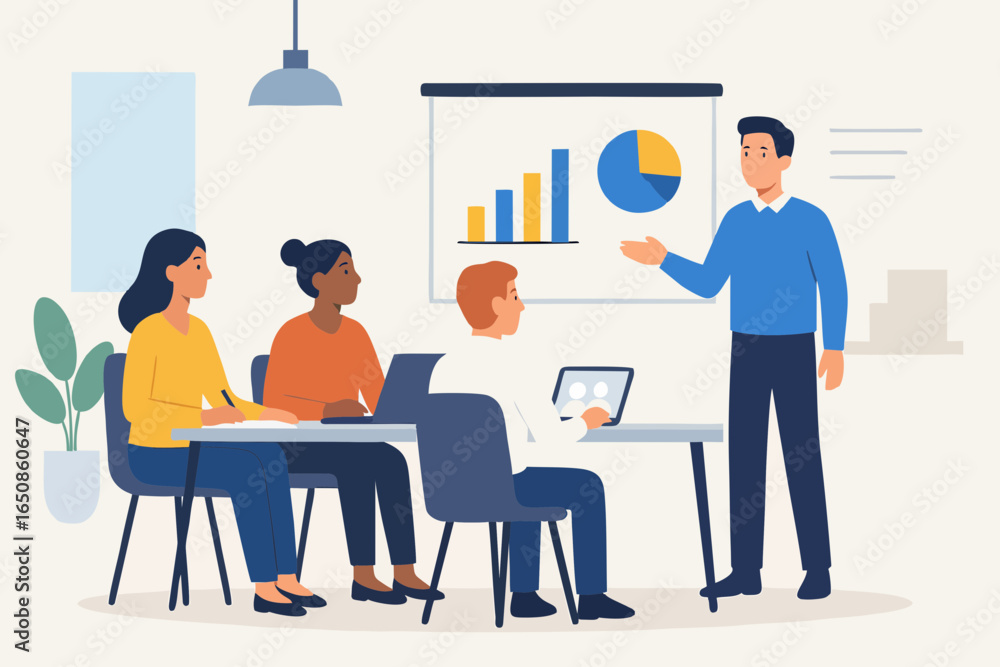 Obraz premium Flat illustration of a diverse business team discussing charts and graphs during a meeting presentation.