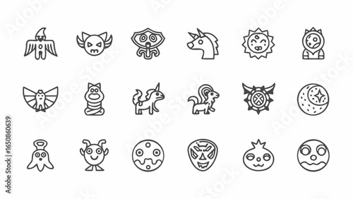 Collection of cartoonish outline icons featuring mythical creatures, celestial bodies, and fantasy characters silhouette