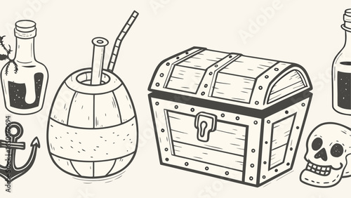Pirate themed illustration with a treasure chest, skull, anchor, bottle and barrel with straw design silhouette