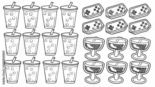 Illustration featuring multiple boba tea cups, game controllers, and cocktail glasses in black and white silhouette