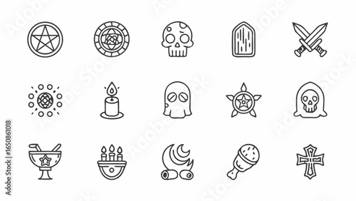 Collection of outlined mystical and halloween themed icons including skull candle and pentagram design art silhouette