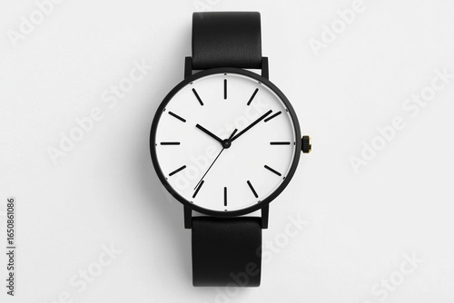 Minimalist black and white analog wristwatch with leather strap and modern design, showing precise time, stylish accessory for men and women