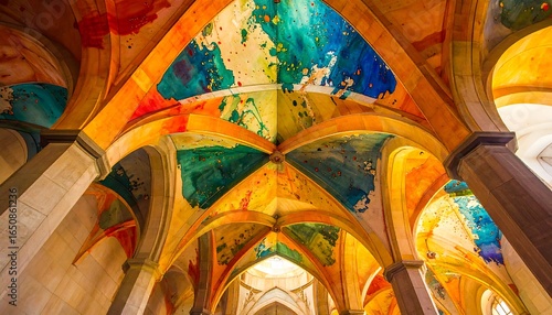 Colorful painted vaulted church ceiling