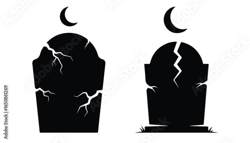 a black and white illustration of a crescent moon and a broken gravestone, occult, gothic, dark fantasy, creepy, haunting, mystical, atmospheric, digital art