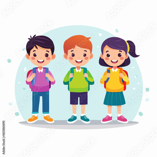 Happy School Kids A Colorful Vector Illustration of Cheerful Students with Backpacks, Ready for School Days