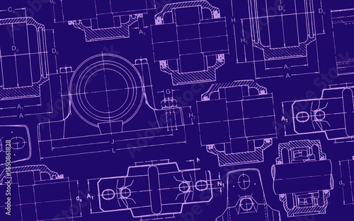 Engineering line drawing of plummer block housing with rolling bearings. blue background illustration. Industrial technical drawing on blue background.
