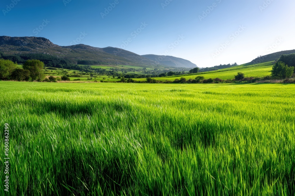 Fototapeta premium Lush green field with distant mountains