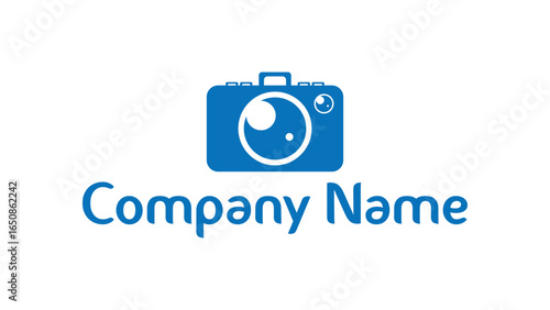 Blue camera logo with lens and company name on white background