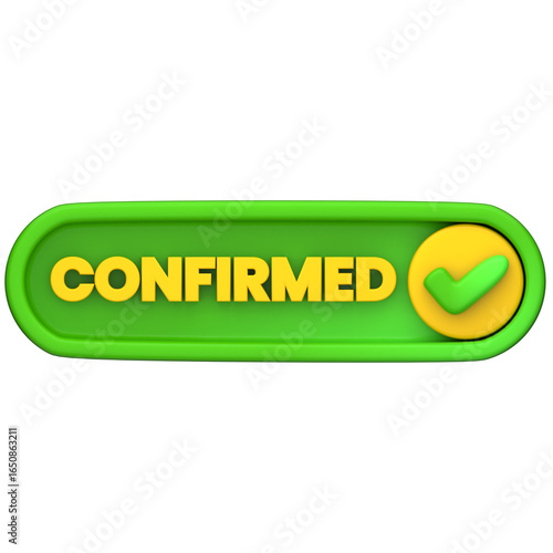 A vibrant 3D rendering of a green confirmed button with a yellow check mark icon, isolated on a white background. This UI element symbolizes success, approval, and verification.
