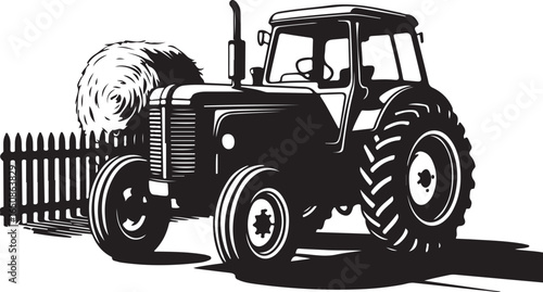 Classic tractor with hay bale and fence farm scene