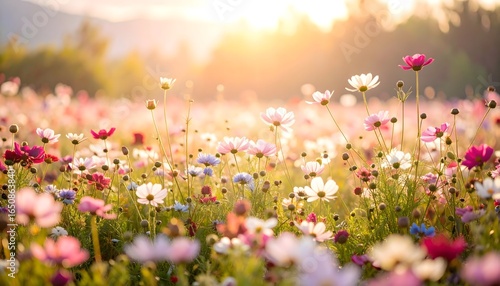 Floral field glows with soft pastel hues