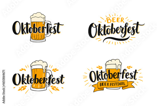 Oktoberfest beer logos set Colorful Oktoberfest beer festival logos with mugs and wheat designs