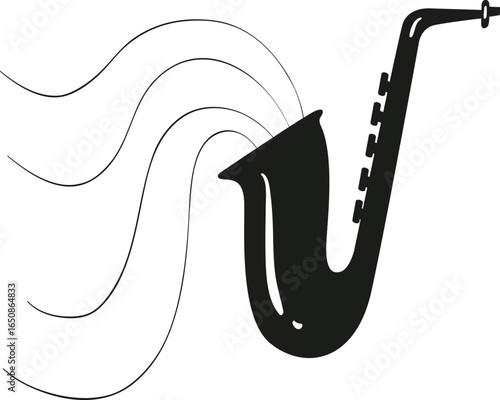 A black saxophone is illustrated with sound waves emanating from its bell.
