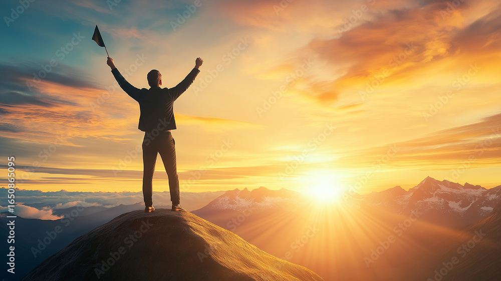 Fototapeta premium Successful businessman standing on mountain peak holding flag with raised arms celebrating victory at sunrise with bright sky and mountain range