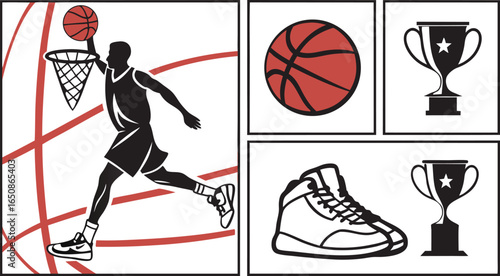 Dynamic basketball player dunks ball near hoop with trophies and sneakers, celebrating sport victory