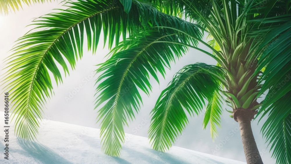 Fototapeta premium Tropical palm trees with lush green leaves on a sandy beach under bright sunlight.