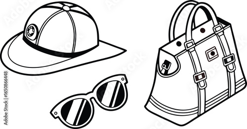 Stylish safari hat, sunglasses, and handbag ensemble for adventurous travel and fashion