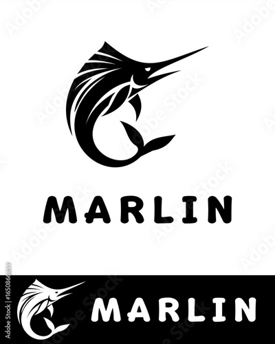 Elegant logo design in black and white featuring a stylized marlin fish illustration with dynamic lines