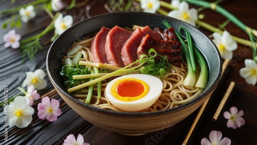 Wallpaper Mural A bowl of ramen with sliced meat, half-boiled egg, green onions, and vegetables surrounded by flowers and chopsticks. Torontodigital.ca