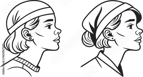 Confident woman profile portraits, stylish headwear, clean line art, professional and modern aesthetic