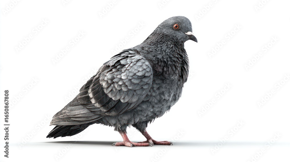 Fototapeta premium A detailed 3D rendering of a plump, grey pigeon, slightly angled to its right, standing on a white background. Its feathers are meticulously textured, showing subtle variations in shade