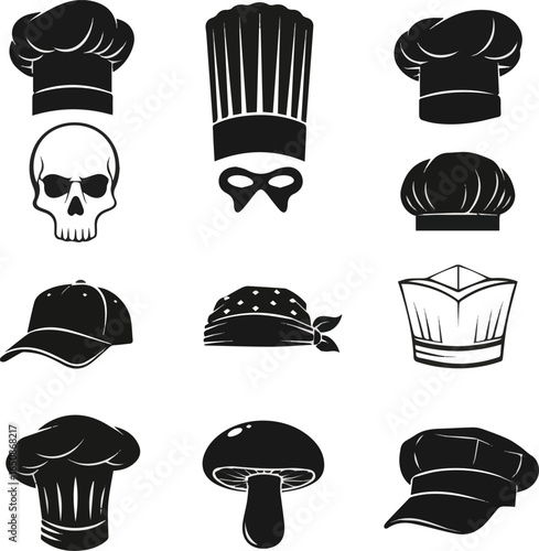 Create a kinds of deferent Chef hat silhouette icons set, professional cooking symbols, kitchen uniform vector designs, culinary logo concepts, food industry illustrations,  vector art.