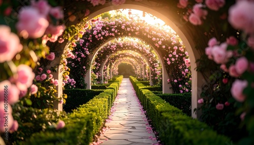 Lush rose garden tunnel at sunset.