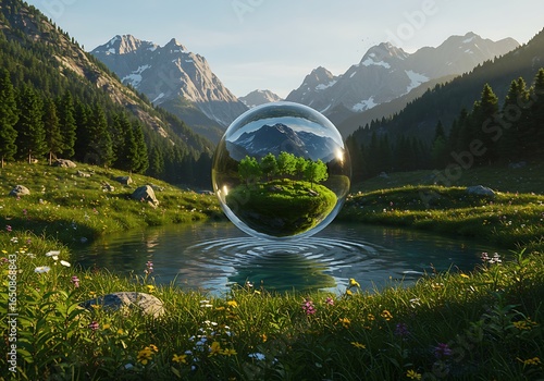 Hyper-realistic fantasy scene of a transparent floating orb above a crystal pond in an alpine valley, containing a miniature ecosystem surrounded by mountains and morning sunlight