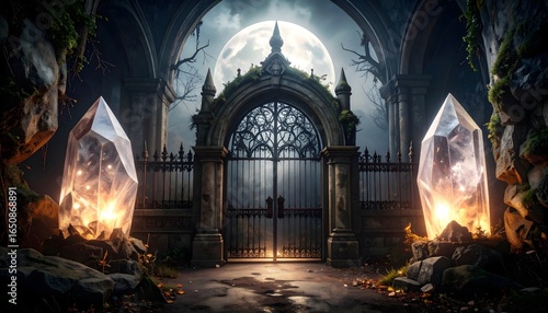 Magical gate guarded by crystals glows