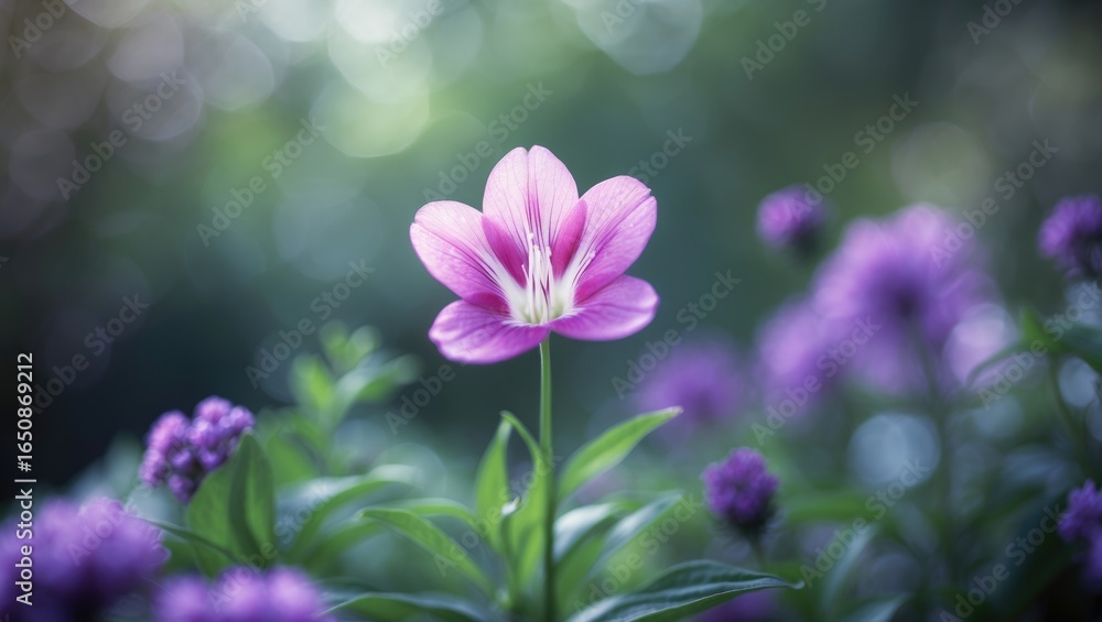 Fototapeta premium Pink flower amid purple blooms in a lush garden setting.