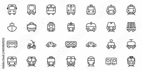 Line art illustration featuring various modes of transportation including trains buses cars and a boat icon set