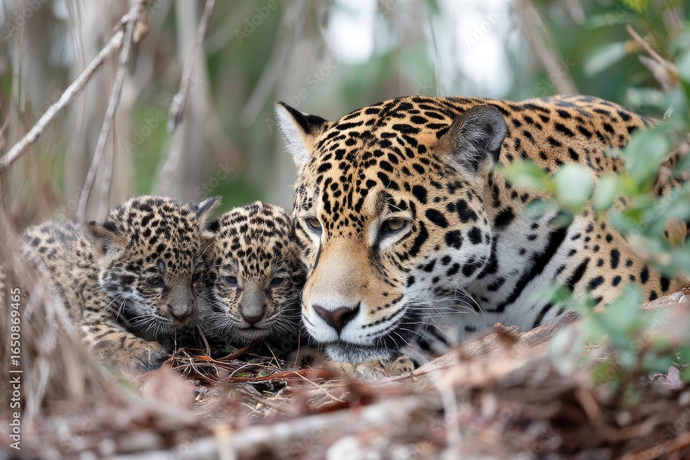 Naklejka premium A jaguar playing with its cubs